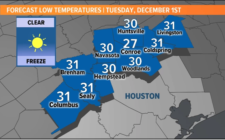 休士顿低温来袭，这些县市的冰冻警告持续到周二早上